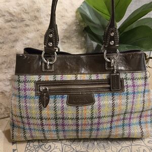 Coach Penelope Plaid Wool Tote with Brown Leather Trim and Silver Hardware